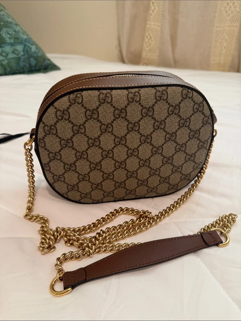 Authentic Gucci Beige Brown Crossbody with Gold Chain